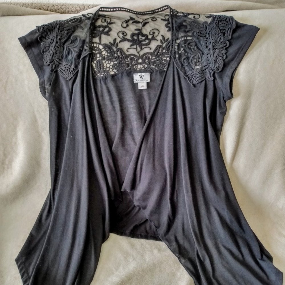 Tie Front Shawl with Embroidered-Like Detail